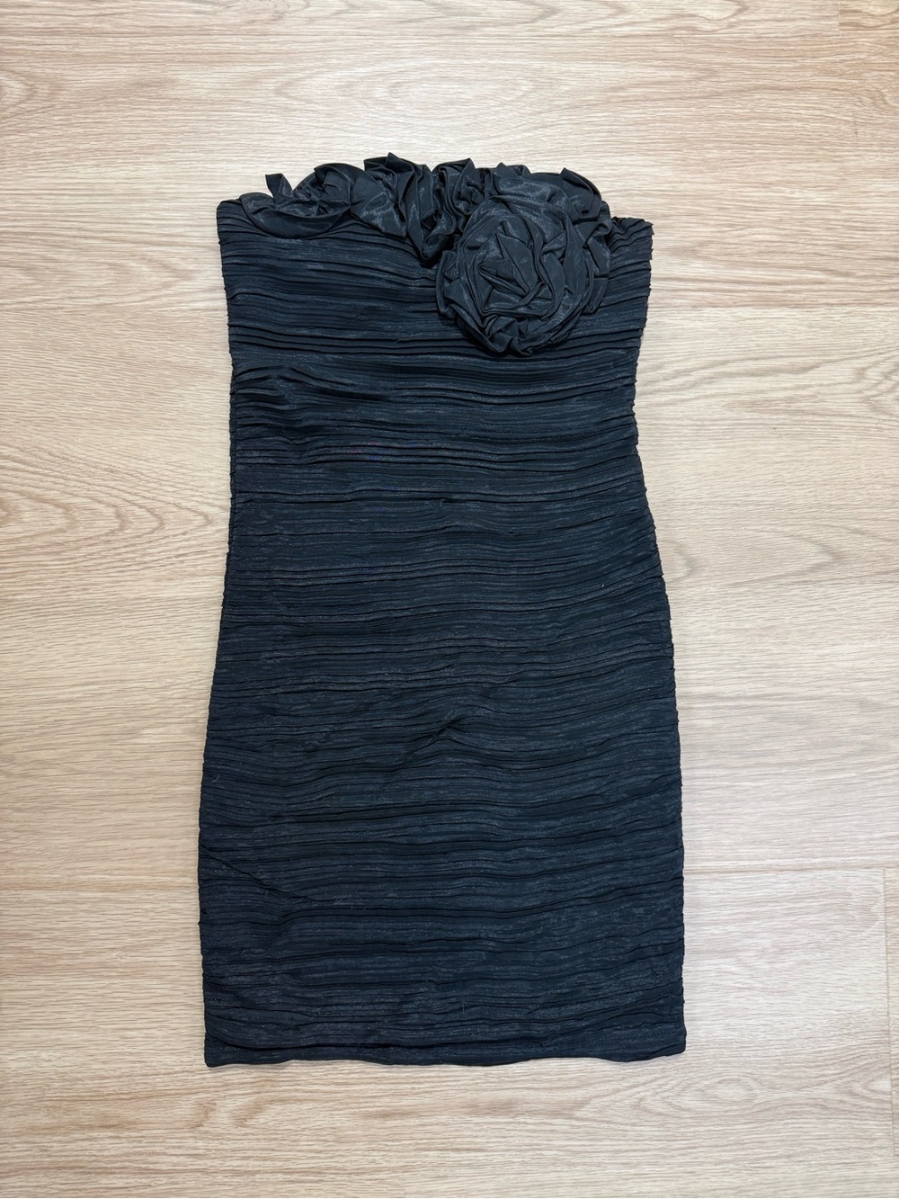 Body Central Strapless Black Ruched Cocktail Dress with Rosette Detail